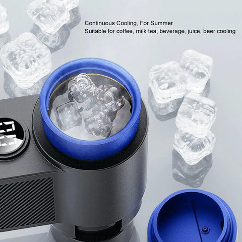 12 Volt Car Cup Holder With Digital LCD Screen, Smart Dual Temp Beverage Chiller And Warmer cooling ice cubes inside cup holder.