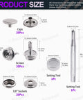 Diagram of 62Pcs Canvas Snap Kit for Marine Canvas Upholstery and Boat Covers, showing caps, screws, sockets, and setting tool dimensions