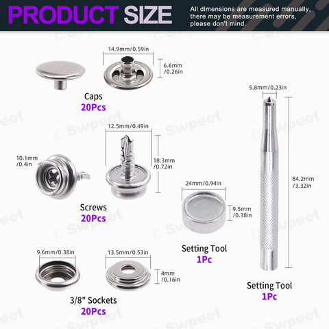 Diagram of 62Pcs Canvas Snap Kit for Marine Canvas Upholstery and Boat Covers, showing caps, screws, sockets, and setting tool dimensions