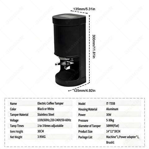 Automatic Coffee Tamper Machine With Adjustable Electrical Pressure Control For 58Mm Portafilters side view with dimensions in black aluminum.