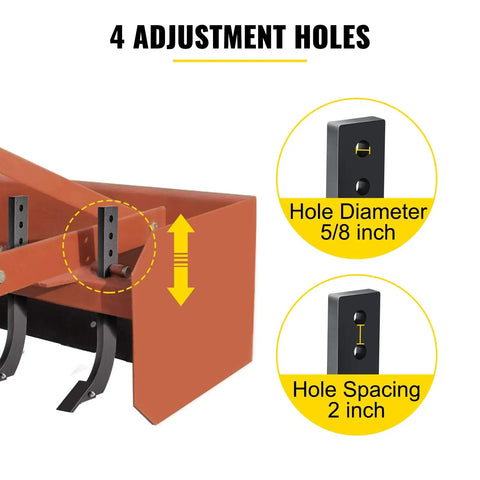 Close-up of Heavy Duty 18 Inch Box Blade Scarifier adjustment holes with hole diameter and spacing details.