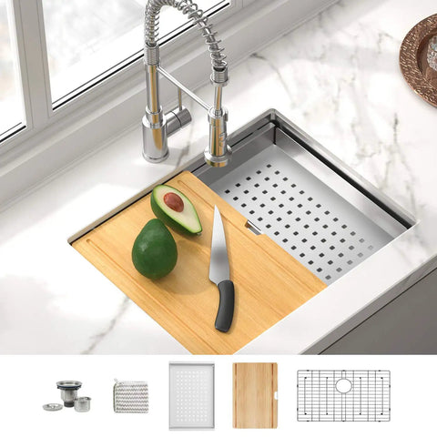 Undermount Workstation Sink 24 Inch 16 Gauge SUS304 Stainless Steel Single Bowl Bar Kitchen Sink With Bamboo Cutting Board And Accessories