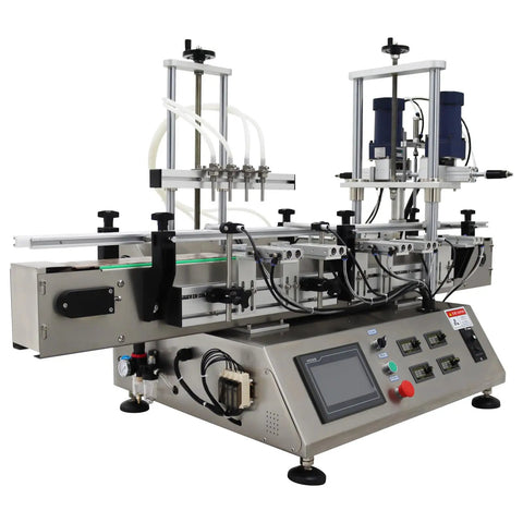 Desktop Four Head Magnetic Pump Filling And Capping Machine For Liquids Five To One Thousand Ml showing detailed pump and control panel.
