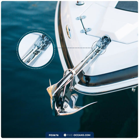 Close-up of 772 Pound Load 1/4 Inch 316 Marine Grade Stainless Steel Bow Anchor Shackle on boat deck, showing smooth screw pin.