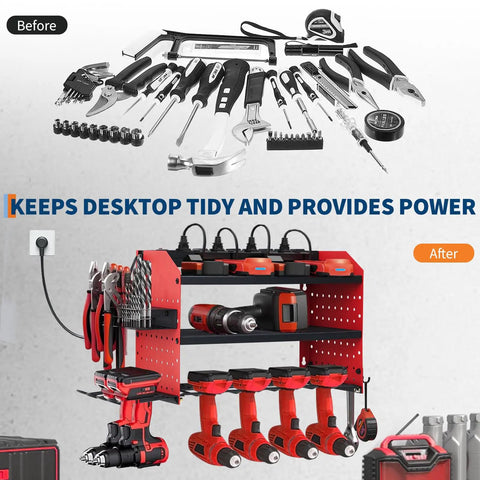 Heavy Duty Tool Organizer Wall Mount with Charging Station, three-layer storage rack, four drill holders, tools displayed