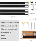 Components of Heavy Duty Aluminum Juice Groove Router Jig: rails, clamps, screws, wrench, and sliders for woodworking projects.