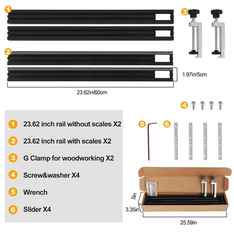 Components of Heavy Duty Aluminum Juice Groove Router Jig: rails, clamps, screws, wrench, and sliders for woodworking projects.