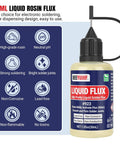 30mL Liquid Rosin Flux bottle with high-grade features for soldering, showing non-corrosive, lead-free, non-flammable properties.