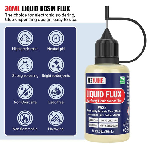 30mL Liquid Rosin Flux bottle with high-grade features for soldering, showing non-corrosive, lead-free, non-flammable properties.
