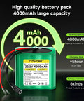 High Capacity 24V Lithium Battery 4000mAh 96Wh with charger, bare leads, label details, and cable connector for DIY projects