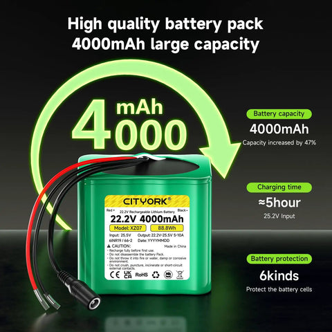 High Capacity 24V Lithium Battery 4000mAh 96Wh with charger, bare leads, label details, and cable connector for DIY projects
