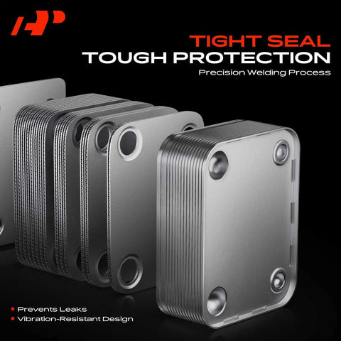 Stacked aluminum plates of Transmission Oil Cooler Kit with Universal Aluminum 8 Pass Tube and Fin Includes Hose Mounting Kit.