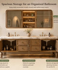 View of Top Shelf 76 Inch Freestanding Double Sink Bathroom Vanity Featuring Wide Mirror Medicine Cabinet Polished Marble Tops Rustic Wood Carving Details And Serious Storage with open shelves and functional drawers.