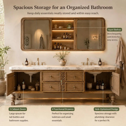 View of Top Shelf 76 Inch Freestanding Double Sink Bathroom Vanity Featuring Wide Mirror Medicine Cabinet Polished Marble Tops Rustic Wood Carving Details And Serious Storage with open shelves and functional drawers.