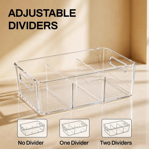 Clear Pantry Organizers And Storage Bins With Quick Adjust Dividers, 11.2"x7.2"x3.5",  adjustable dividers for kitchen shelving.