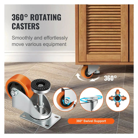 Buttery Smooth Rolling Leveling Casters 3 Inch Diameter 4 Pack 360 Degree Swivel Wheels with orange rubber rollers and silver base.