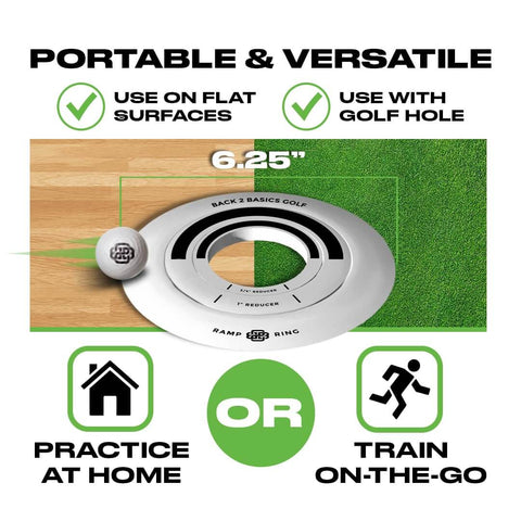 Golf Putting Rings Three Piece Set For Indoor And Outdoor Practice With Ramp Ring And Hole Reducers displayed on flat surface