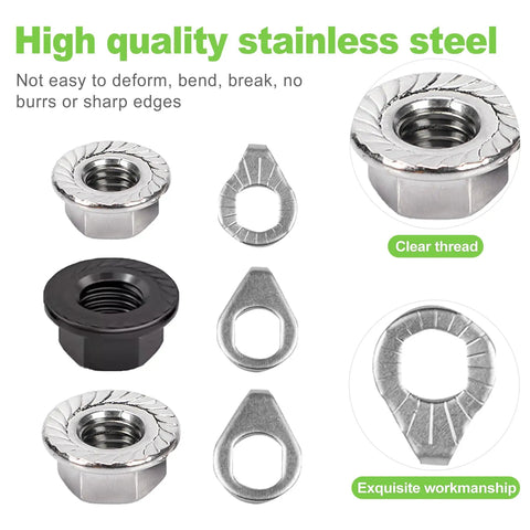 24 Piece Bike Axle Nut And Safety Washer Kit M8 M9.5 M10 For Front And Rear Wheels Replacement Parts, silver and black, stainless steel.