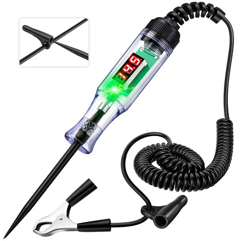 Rugged Pro Grade Automotive Test Light Circuit Tester with 3-48V Digital Voltmeter and stainless probe, coiled lead visible