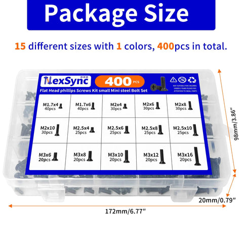 400 Piece Mini Flathead Phillips Screw Kit With 15 Sizes M1.7 To M3 Steel Zinc Coated in plastic case for electronics and DIY