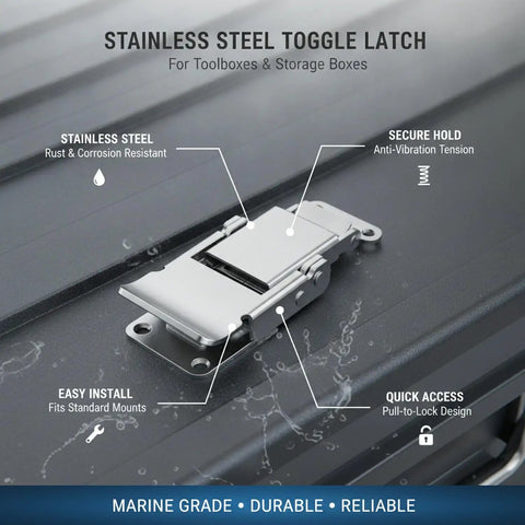Stainless Steel Toggle Latch 2.6 Inch For Toolboxes And Storage Cases With Spring Loaded Catch, highlighted features on metal surface