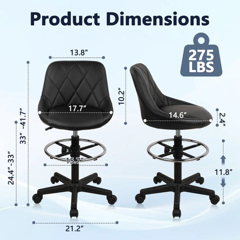 Drafting Chair With Backrest And Wheels For Office And Workshop Use Boss Level Comfort Adjustable Height Footrest PU Leather Tall Swivel Stool dimensions