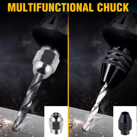 Close-up of keyless rotary drill chuck collet set for 0.5 to 3.2 mm shank including 10 brass collets, shown in use on metal.