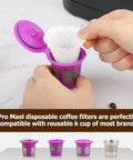 Person inserting white filter paper into purple reusable K-Cup pod for Keurig brewers, showcasing 360 Count Disposable K Cup Filters For Keurig 1.0 And 2.0 Single Serve Brewers White Coffee Filter Paper For Use With Reusable K Cup Pods Premium German Paper.