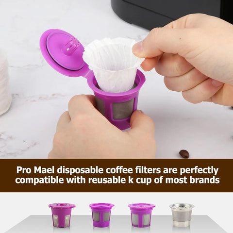 Person inserting white filter paper into purple reusable K-Cup pod for Keurig brewers, showcasing 360 Count Disposable K Cup Filters For Keurig 1.0 And 2.0 Single Serve Brewers White Coffee Filter Paper For Use With Reusable K Cup Pods Premium German Paper.