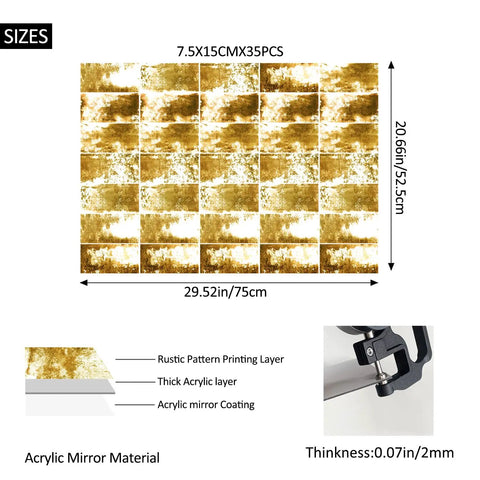 Antique Mirror Effect Peel And Stick Wall Panels Set Of 35 In Gatsby Gold Brown Acrylic for rustic decor, panel dimensions shown