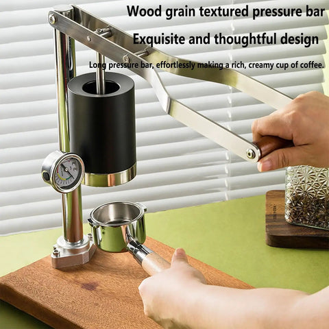 Badass Stainless Steel Manual Lever Espresso Maker With Integrated Pressure Gauge for barista level espresso setup.