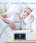 Woman sleeping with CPAP machine connected to 2 Pack CPAP Hose Universal Tubing Six Foot 72 Inch 22mm Ends Fits Most CPAP BiPAP and BiLevel Machines Durable Flexible Leakage Free Gray Sleep Setup Accessory