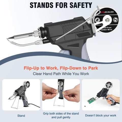 Auto Feed Soldering Gun Kit With LCD Display And Hands Free Operation showing flip-up and flip-down stand positions.