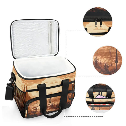Cowboy Western Desert Insulated Lunch Bag With Adjustable Shoulder Strap showing open view and detailed stitching.