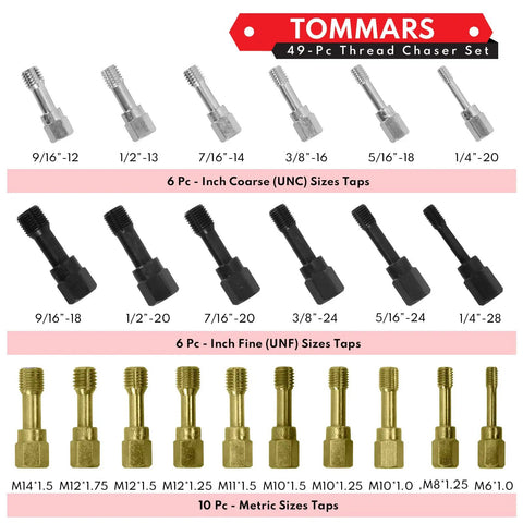 Heavy Duty 49 Piece Thread Chaser Set Repair Kit With Taps Dies And Thread Files For UNC UNF And Metric Rethreading And Restoration Ideal For Machinists Auto Hobbyists And Maintenance Pros showing various sized taps in UNC, UNF, and metric.