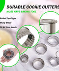 Front view of POMINEE stainless steel fluted round cookie cutters in five sizes (2–3.5 in) with scalloped edges.