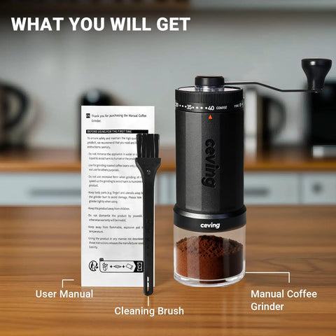 60g Large Capacity Manual Coffee Grinder With 40 Adjustable Settings, Stainless Steel Burrs, cleaning brush and user manual