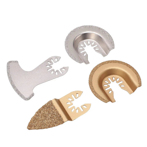Pro Grade 4 Piece Oscillating Saw Blades Set With Carbide Segment For Grout Ceramic Tile And Masonry Grinding displayed on white.