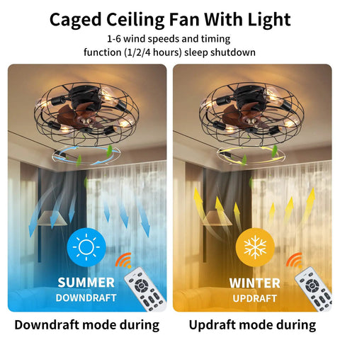 Twenty One Inch Low Profile Caged Ceiling Fan With Lights Remote Control Included Four Light Bulbs Dope Black Finish Flush Mount Fixture For Kitchen And Bedroom Industrial Style showing downdraft and updraft modes.