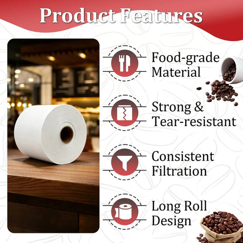 Four Roll Heavy Duty Coffee Filter Paper Game Changer Compatible With Commercial Brewers Thick Unbleached Sheets on a wooden table.