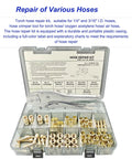 58-piece hose repair kit for 1/4 in hoses with crimp tool and brass fittings in a plastic case