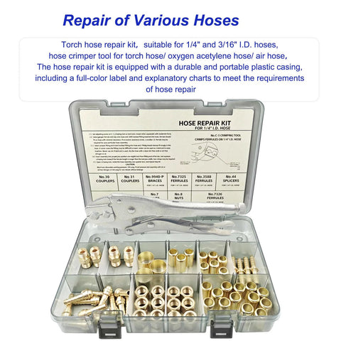 58-piece hose repair kit for 1/4 in hoses with crimp tool and brass fittings in a plastic case