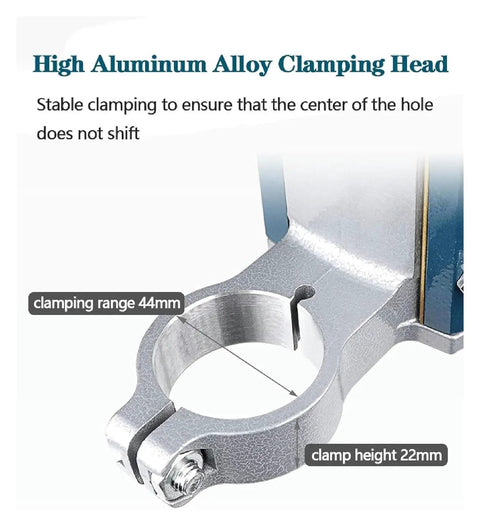 Pro Grade Sturdy Floor Drill Press Stand Featuring Adjustable Vertical Sleeve And Beefy Steel Vice, close-up of aluminum alloy clamping head.