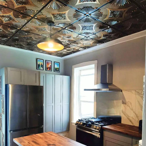PVC Ceiling Tile 2x2 Lay-In Or Glue-Up With Antique Copper Finish in modern kitchen, Lightweight and DIY Friendly.