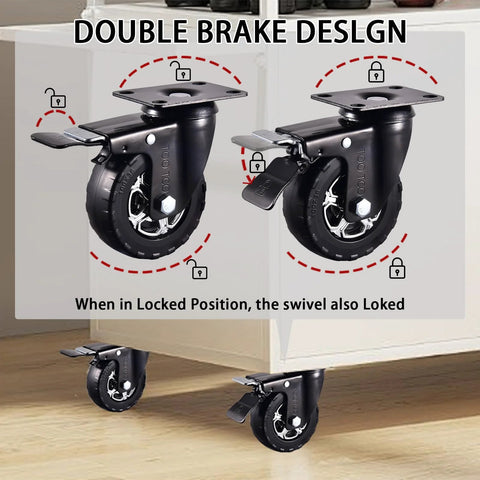 4 Inch Heavy Duty Caster Wheels Set Of 4 With Locking, Silent 360 Degree Swivel, elastic rubber, double brake design