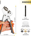 Pro Grade Grommet Tool Kit For Leather, Fabric And Vinyl Includes plier, 5 mm punch hole, solid block, and grommets.