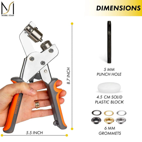 Pro Grade Grommet Tool Kit For Leather, Fabric And Vinyl Includes plier, 5 mm punch hole, solid block, and grommets.