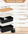 Exploded view of an Adult Bento Box With Compartments, 47oz Stackable Japanese Style Rectangle Lunch Container With Utensil Set, Sauce Container Included, featuring layers and utensils.