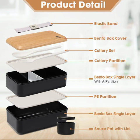 Exploded view of an Adult Bento Box With Compartments, 47oz Stackable Japanese Style Rectangle Lunch Container With Utensil Set, Sauce Container Included, featuring layers and utensils.