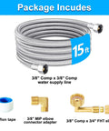 15 Ft Premium Stainless Steel Braided Dishwasher Hose Kit With Food Grade PEX Inner Tube, shown with fittings and tape